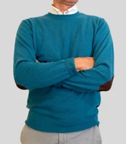 MAGLIONE "OSCAR" GIROCOLLO LANA MERINO FINE TOPPE IN CAMOSCIO