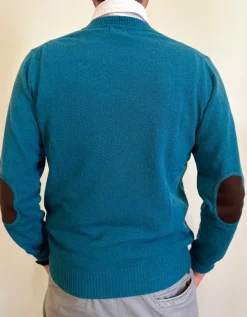 MAGLIONE "OSCAR" GIROCOLLO LANA MERINO FINE TOPPE IN CAMOSCIO