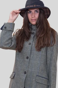 OXFORD BLU ENGLAND CAPPELLO CERATO IMPERMEABILE CON FIOCCO TARTAN BLU
